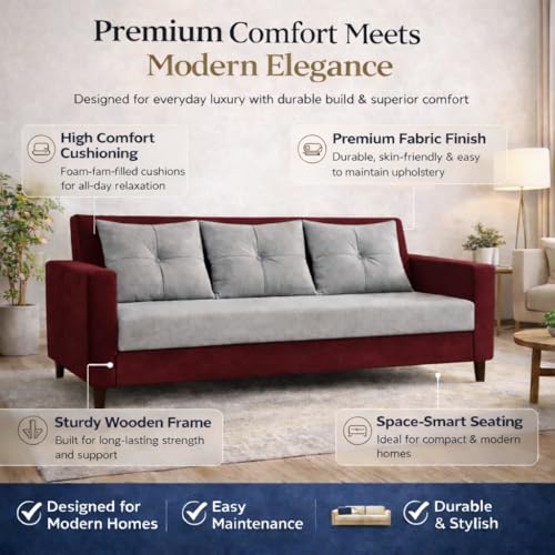 Image of Ultimate Comfort 3+2 Wooden Sofa Set | Premium Velvet Fabric | Modern 5-Seater Sofa | Durable & Stylish Living Room Furniture(Mehroon & Grey)
