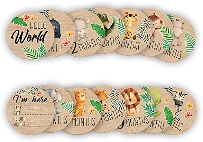 Baby Monthly Milestone Cards, Jungle Animals Wooden Discs for Baby Photo Takens with Hello World Signs - 14 Sides Round Circles Signs for documenting Growth