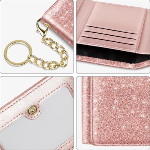 Image of Trifold Small RFID Blocking Wallet Pocket Cute Short Slim Sparkling Credit Card Holder Leather Keychain Ladies Mini Purse with ID Window, Glitter Rose Gold