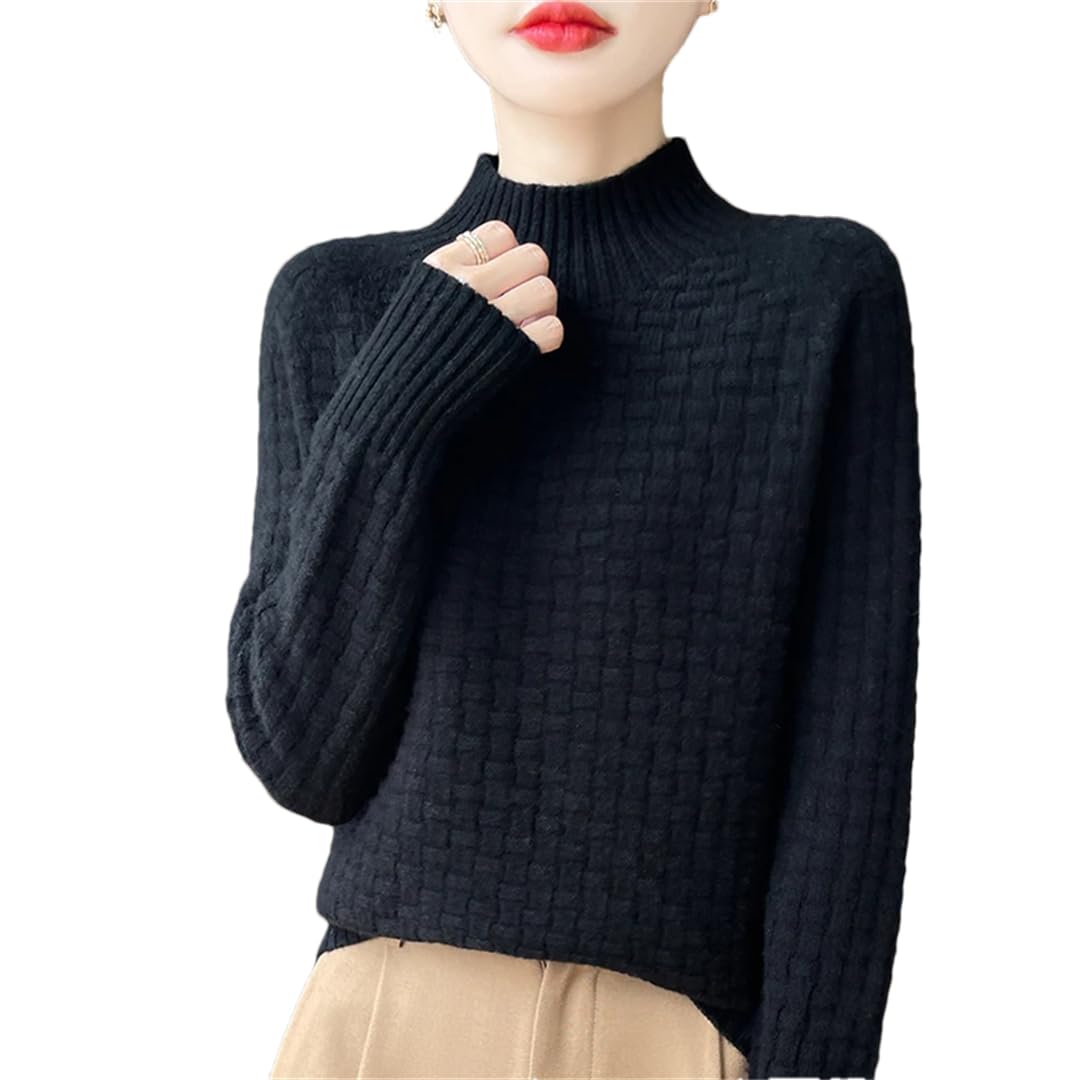 Maglione da donna a collo alto tinta unita maglione allentato maglia fondente camicia, Nero , L