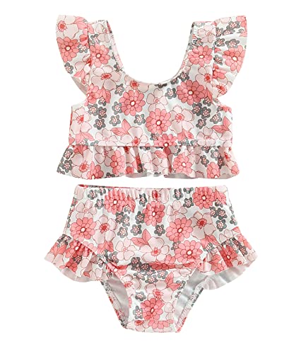 Toddler Baby Girl Swimsuit Two Piece Ruffle Sleeve Tankini Top+Swim Short Floral Bathing Suit Summer Bikini Beach Wear (Flower-Pink, 18-24 Months)