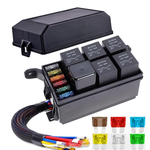 Gebildet Boîte Relais 12V et Fusible avec 5pcs Relais 5-Pin JD1914 40A et 1pc Relais 4-Pin 6 Fusibles à Lame ATC/ATO, Boîtier Relais Fusible Universel...