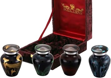 SOULURNS Funeral Keepsake Urns Shades of Black Small Mini Cremation Keepsake Urns for Human Ashes - Set of 4 - Includes Superb Velvet Urn Case