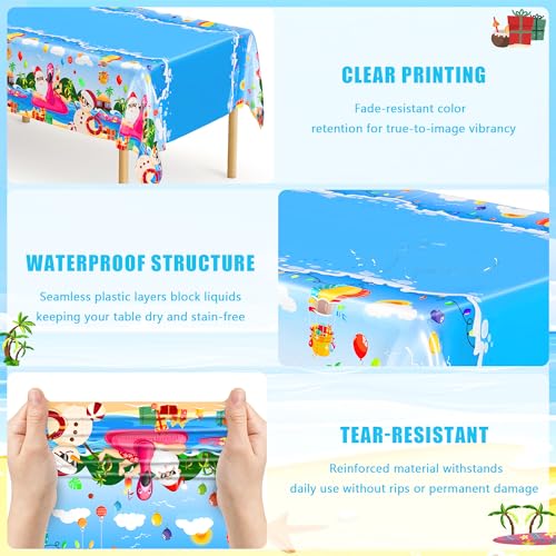 Image of QZYL 3 Pcs Christmas July Tablecloths, 51 x 86.6 Inch Waterproof Summer Christmas Tablecloth, Disposable Santa Plastic Rectangle Table Cover, for Pool Beach Indoor Outdoor July Xmas Decorations