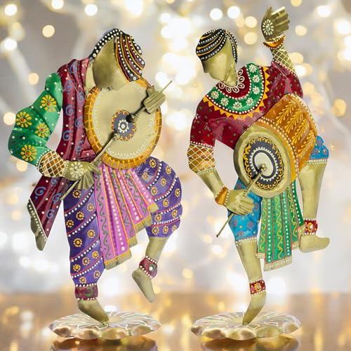 Image of KRAFTSKALA Handcrafted Chang Dancers Iron Metal Showpiece - Vibrant Rajasthani Folk Art Sculpture for Home Decor, 14 Inch