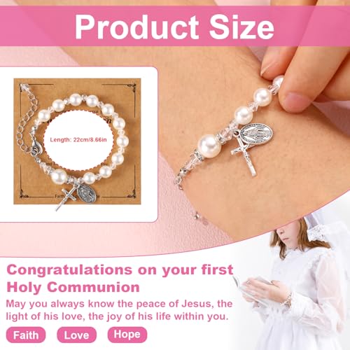 Image of Mikovivi First Communion Bracelets for Girls, Catholic Rosary Cross Pearl Bracelet Christian 1st Holy Communion Gifts for Daughter Niece Granddaughter Easter Baptism Gift