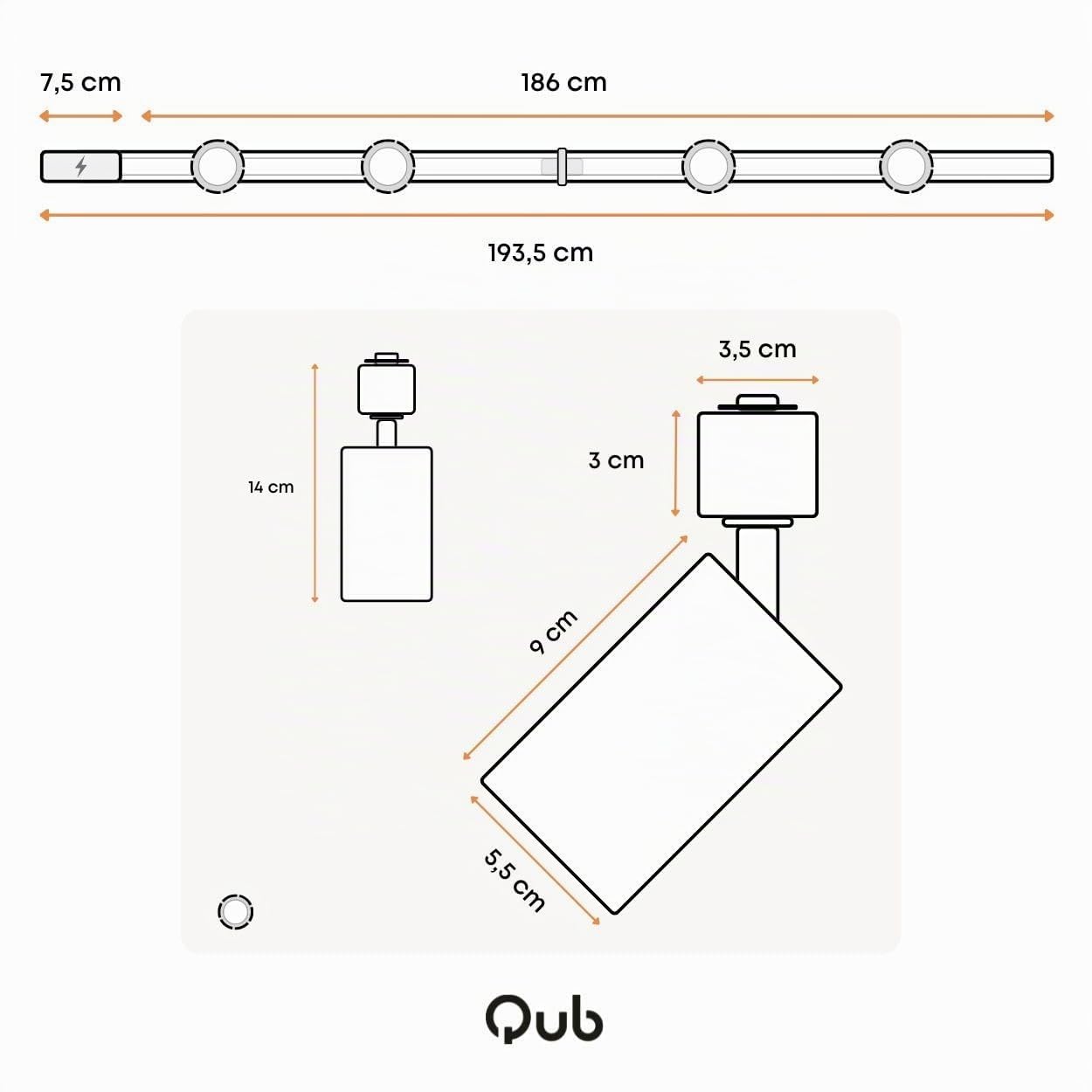 Qub Focus III Monophasé Luminaire Plafonnier LED – 200cm - 4x GU10 Spot Sur Rail - 2x 1m Barre de Spot Plafond – I-Form - Plafonnier intérieur Blanc Moderne – Spots et Rails de Spots