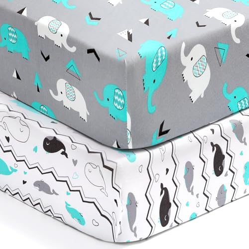 Image of Pack n Play Sheets, BROLEX 2 Pack Mini Crib Sheets,Stretchy Portable Fitted Playard Sheet Set, Convertible Playard Mattress Cover,Ultra Soft Breathable Material,Elephant Whale