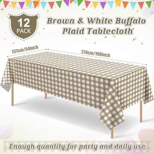 Image of 12 Pack Brown and White Plastic Checkered Tablecloth, Premium Decorative Disposable Tan Gingham Plaid Table Cloths for Parties, Rectangle Party Table Cover for Picnic Farm Birthday Fall, 54x108 Inch