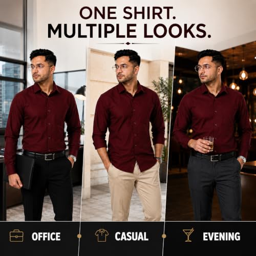 Image of XJARVIS Austin Formal Shirt for Men - Cotton Blend Regular Fit Full Sleeve Office Wear Shirt with Pocket | Spread Collar Plain Solid Casual Shirt | Maroon, Wine, Slate Blue, Slate Grey, Pastel Purple
