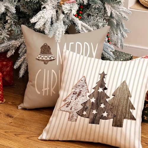 GEEORY-Christmas-Pillow-Covers-18-x-18-Inch-Set-of-4-Striped-Wooden-Tree-Snow-Sleigh-Merry-Bright-Xmas-Holiday-Decor-Decorative-Throw-Cushion-Case-Decoration-for-Home-Party-Sofa-Couch-Brown GEEORY Christmas Pillow Covers 18 x 18 Inch Set of 4 Striped Wooden Tree Snow Sleigh Merry Bright Xmas Holiday Decor Decorative Throw Cushion Case Decoration for Home Party Sofa Couch Brown