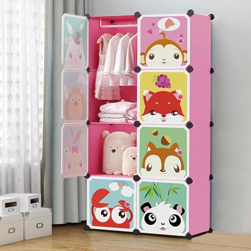 Image of 8 Door Kids Cartoon Wardrobe Storage Cabinet - DIY Modular Clothes Organizer with Hanging Cartoon Design Wardrobe with Multi for Bedroom, Living Room,Entryway
