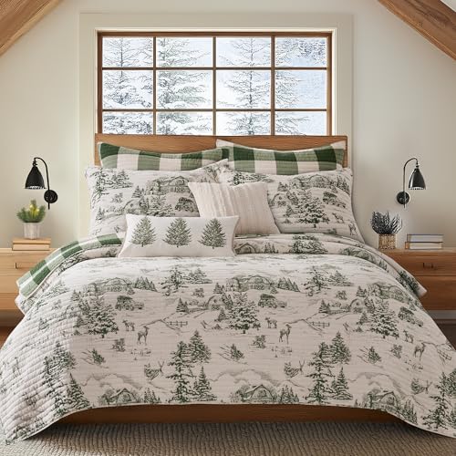 Levtex Home - Winter Sleigh Ride Quilt Set - King Quilt (106x92in.) + Two Shams (20x36in.) - Holiday Toile - Green Cream - Reversible - Cotton