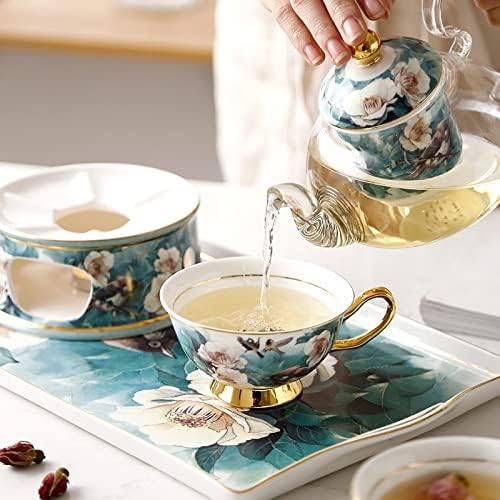 Ceramic Glass Heating Flower Teapot Set with Filter European Afternoon Tea, Insulated