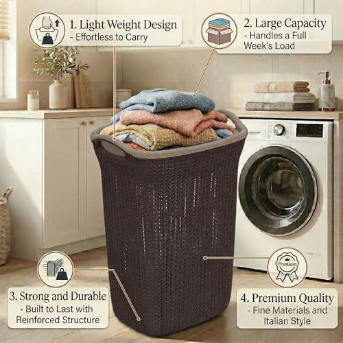 Image of Plastic Laundry Basket with Lid | 60L Extra Large Knit Hamper | Strong & Durable | Ideal for Bathroom, Bedroom & Kids Room | Multipurpose Cloth Storage Organiser | 36 x 46 x 61 cm | Weather Brown