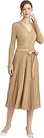 Vestido feminino de manga comprida, modelo envelope, com decote em V, forrado, estilo evasê, sexy, em cor lisa, midi, com decote em V, ideal para o inverno (LS-1303-Khaki-S)