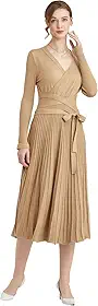 Vestido feminino de manga comprida, modelo envelope, com decote em V, forrado, estilo evasê, sexy, em cor lisa, midi, com decote em V, ideal para o inverno (LS-1303-Khaki-S)