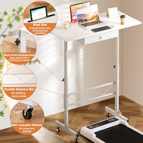 Image of COMHOMA Standing Desk Adjustable Height & Tiltable Tabletop, Portable Stand Up Desk for Laptop, Mobile Folding Desk for Home Office Work and Walking Pad Treadmill, Height 30.7 inch-46.4 inch, White