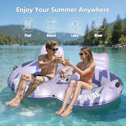 Image of JOSEN Inflatable River Tube Float - 2 Person Heavy Duty River Float, Pool Floats Adult, Lake River Floats Water Tubes for Floating with Removable Cooler & Cupholders for Summer Relaxation