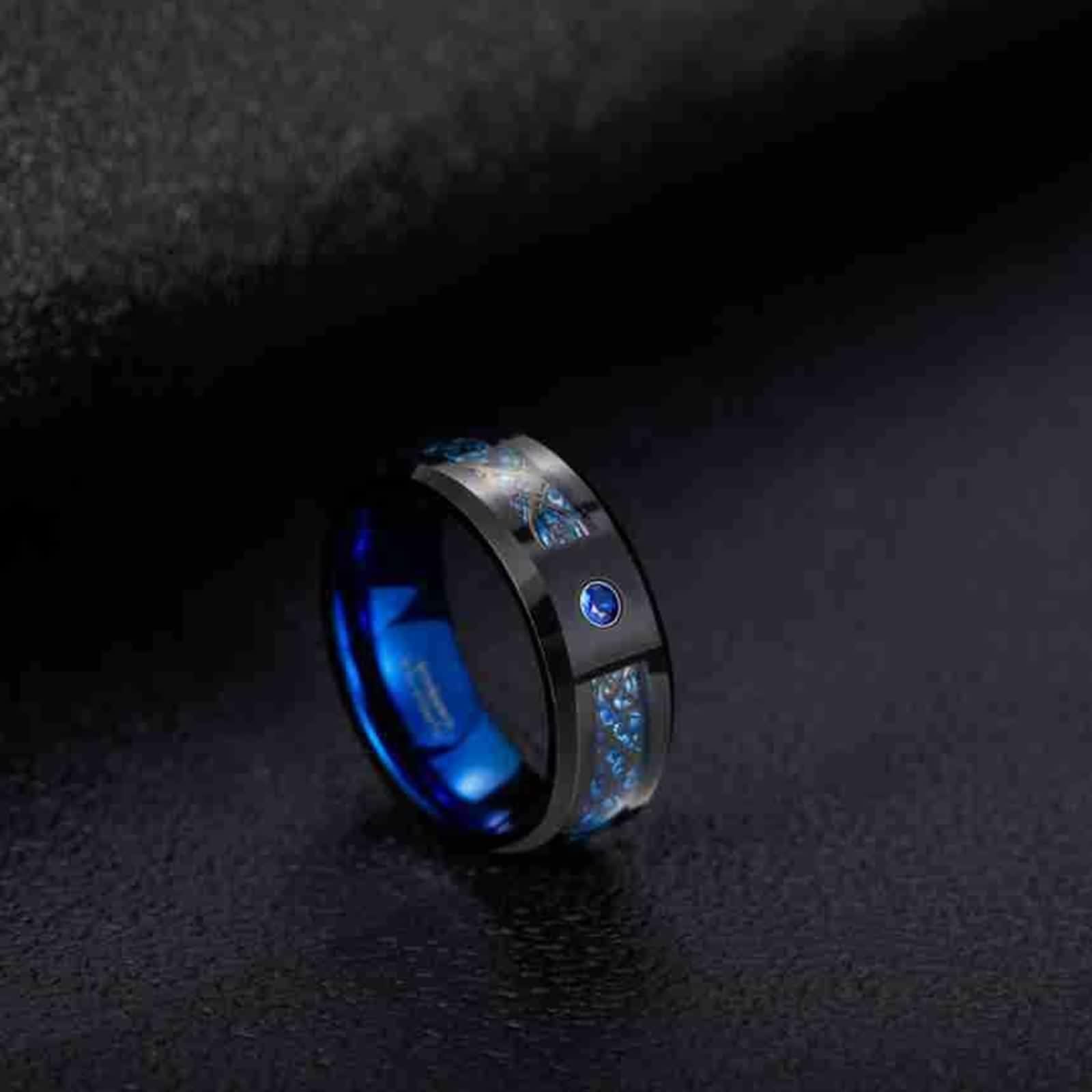 Anello in tungsteno da uomo, in fibra di carbonio, con intarsio blu