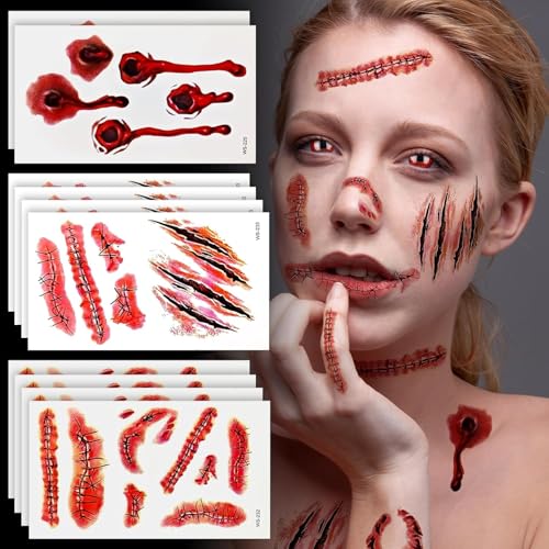 Halloween Tattoo Narben 10 Bogens, Halloween Wunden Scars Realistische Motive Aufkleber Wasserdichte Temporäre Tattoos,Gesicht Aufkleber mit gefälschten Scab Blut Spezial Fx Kostüm Makeup Stützen