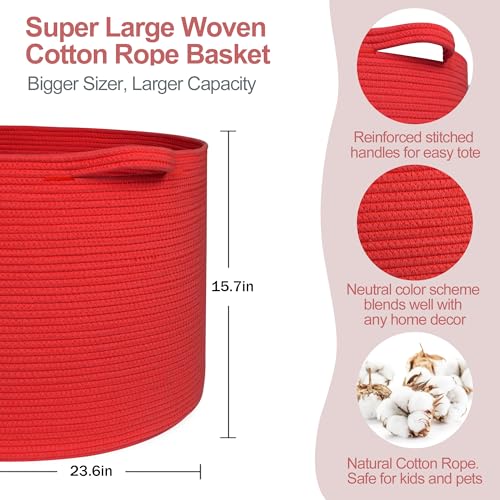 Image of MEGASKET 115L Extra Large Red Basket for Organizing, 23.6 inchx15.7 inch Jumbo Woven Cotton Rope Bins for Blankets, Baby Nursery Laundry Basket, Kids Dog Toy Storage Box, Huge Red Living Room Decor Organizer