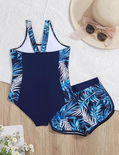 Image of Girls One Piece Swimsuits 2 Piece Girl Bathing Suit with Tropical Print Cover Up Shorts Teen Kids Swimwear 5-13Y