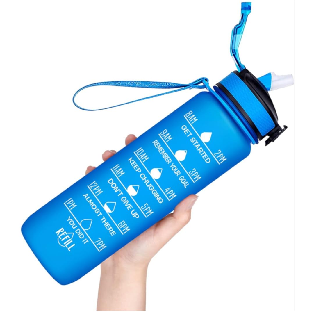 Spinegear 1Liter 32oz Water Bottle | Motivational Water Bottle with Time Marker & Straw | BPA-Free Tritan Leakproof Design, One-Click Open for Hydration Goals (Blue, 1 Litre)