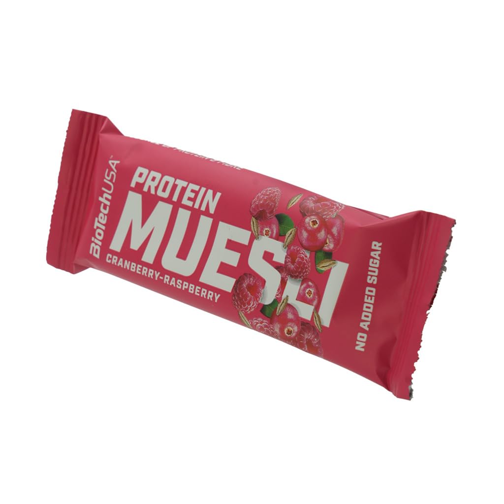 BioTechUSA BioTechUSA Protein Muesli, Barre de céréale ayant une teneur élevée en protéines, avec des vitamines, des minéraux, 28 * 30 g, Myrtille-Framboise