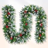 Anveltech Christmas garland,christmas garland with lights Decorated Snow Tipped Artificial Green Xmas Garland with Pinecones and Red Berries for Home Stairs Fireplace Front, Christmas Decorations 9 Ft