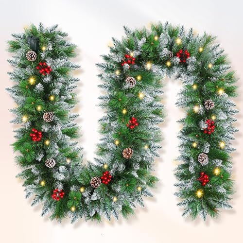 Christmas Garland Decorations, 2.7m Christmas Wreath Garlands with LED Lights Artificial Wreath Garland for Stairs Fireplaces Doors Xmas Tree Garden Yard Christmas Decoration