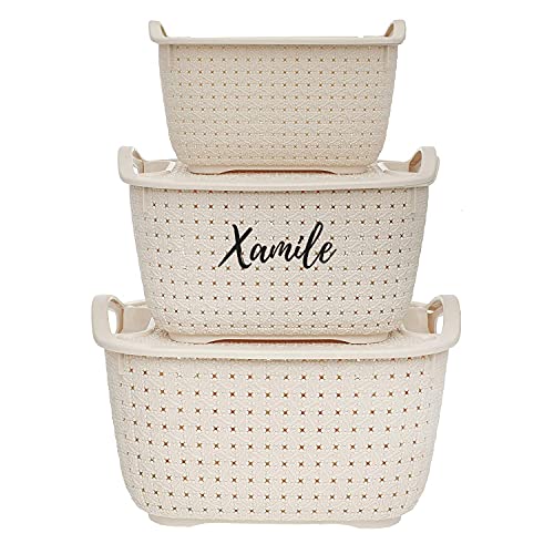 XAMILE Set of 3 Household Plastic Storage Shelf Basket Bins Office Bathroom Organizer Cabinet Container Box with Handles And Lid (Beige) XAMILE Set of 3 Household Plastic Storage Shelf Basket Bins Office Bathroom Organizer Cabinet Container Box with Handles And Lid (Beige)