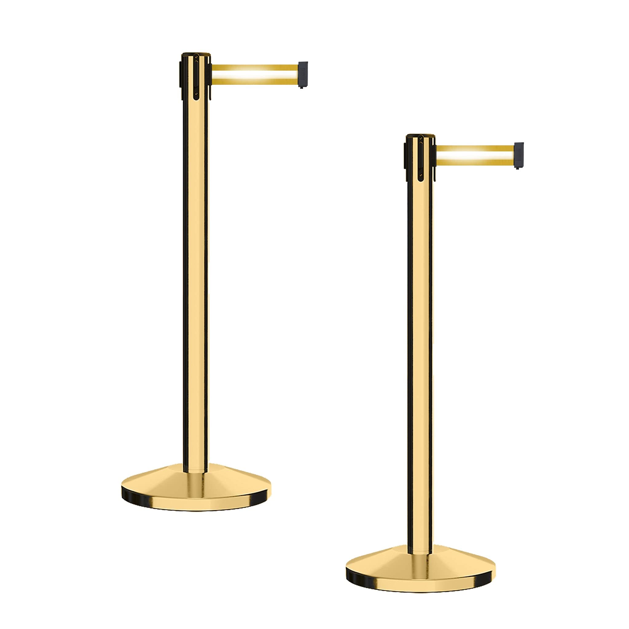 CCW Series RBB-100 - Set of 2 Stanchion Retractable Belt Barriers (7.5 Foot Belt, Yellow with Horizontal Reflective Stripe Belt with Polished Brass Post)