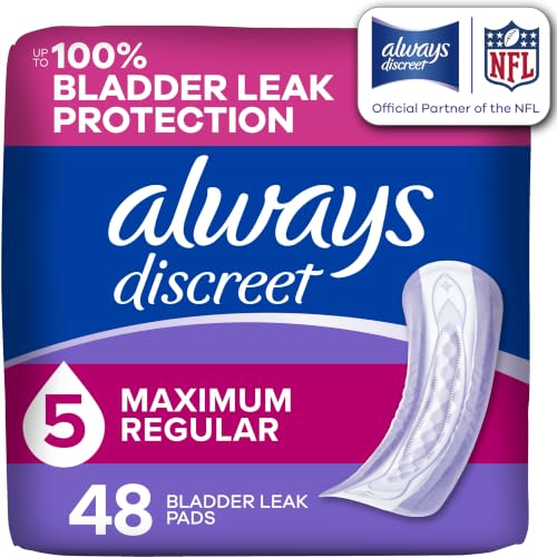 Always Discreet Adult Incontinence Pads for Women, Maximum Absorbency, Regular Length, Postpartum Pads, Up to 100% Bladder Leak Protection, 48 Count