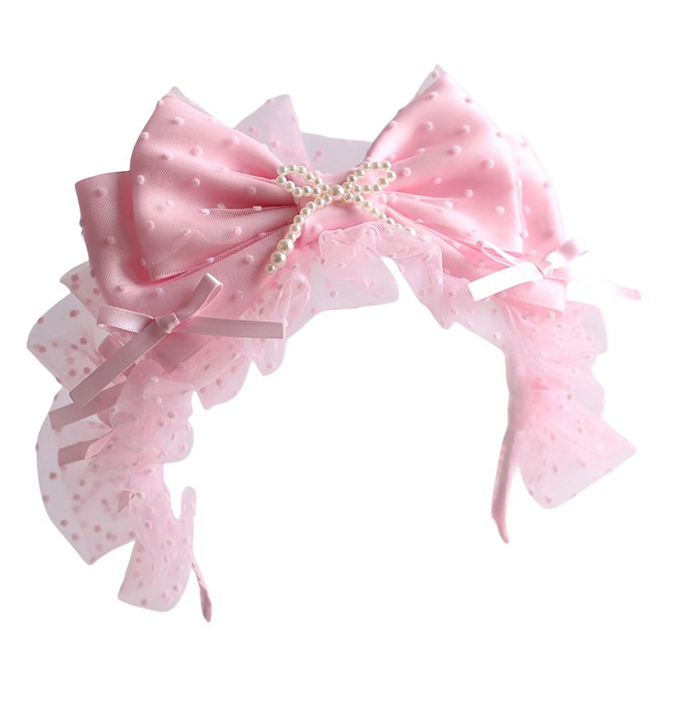 Sweet Lace Bow Headband Ribbon Bow Pearls Headwear Lolita Maid Cosplay Hairband Party Hair Accessories for Women (Pink-hairband, One Size)