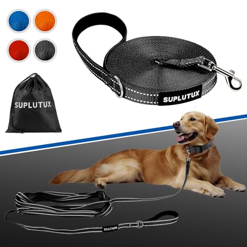 SuplutuX Schleppleine für Hunde, Laufleine für Hunde mit Reflektorstreifen, 360° Drehbarer Karabinerhaken, Leicht & Langlebig, Ideal für Rückruf und Gehorsamkeitstraining (Schwarz, 5m/16ft)