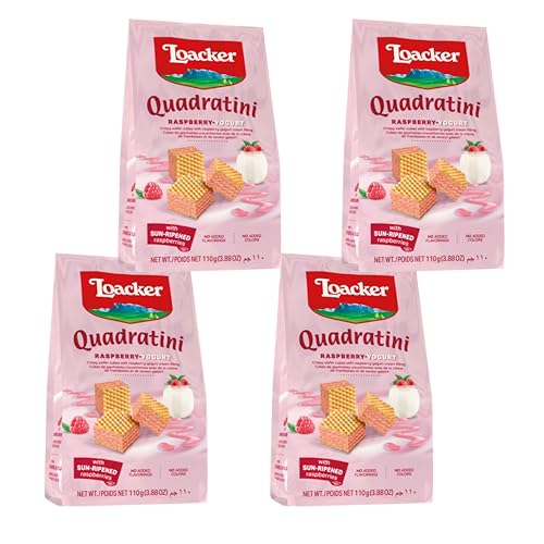 【4袋 ラズベリーヨーグルト】ロアカー クワドラティーニ ウエハース 海外 お菓子 Loaker ラズベリー ヨーグルト クリーム 7RabbitRiograndeオリジナルステッカー付 【商標登録番号 第6667215】