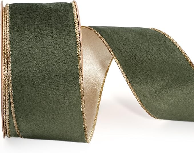 LaRibbons Moss Green Velvet Wired Ribbon, Gold Edge, Gold Satin Back 1 Inch