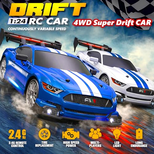 Image of 2.4GHz Remote Control Drift Racing Car Toy for Kids with LED Lights - 4WD 20Kmph RC Drifting Car with Extra Rubber Tires, Cones Barriers & Rechargeable Battery - Color and Design As Per Stock