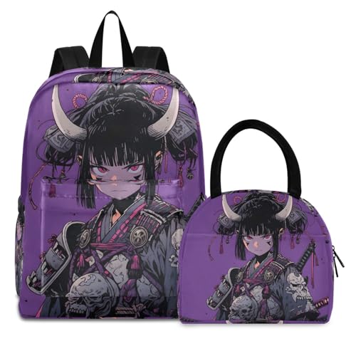 Backpack Lunch Box Set Large Capacity Travel Backpacks and Insulated Lunch Bag for Commute Hiking Picnic Anime Japanese Samurai Print