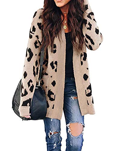 ZESICA Women's Long Sleeves Open Front Leopard Print Knitted Sweater Cardigan Coat Outwear with Pockets,L,A-Beige