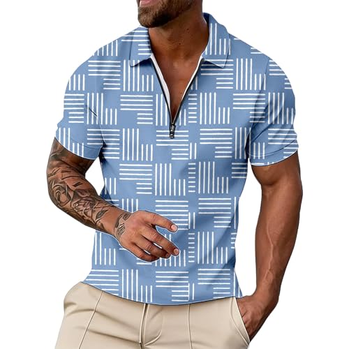 Polo homme manches courtes chemise hawaïenne coton casual bleu