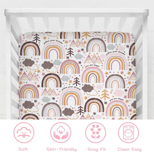 Image of Colorful Boho Rainbow Baby Crib Sheet 52''x28'' Cute Rainbow Mountain Trees Clouds Stars Fitted Crib Mattress Cover for Boy Girl Soft Bed Sheet for Standard Size Crib and Toddler Mattresses
