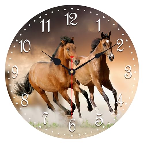 VIKMARI Horloge Murale Silencieuse Non Coutil - Motif Cheval Courant, Qualité Quartz, Batterie, Ronde 14 Pouces pour Cuisine