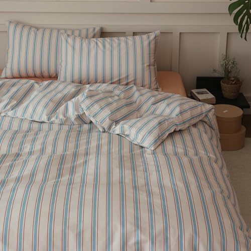 Image of Striped Comforter Set King Size, 3 Pieces Lightweight Striped Bedding Comforter Set, Fluffy Soft Blue Brown Stripes Pattern Printed Bedding Set, Breathable King Size Comforter with 2 Pillowcases