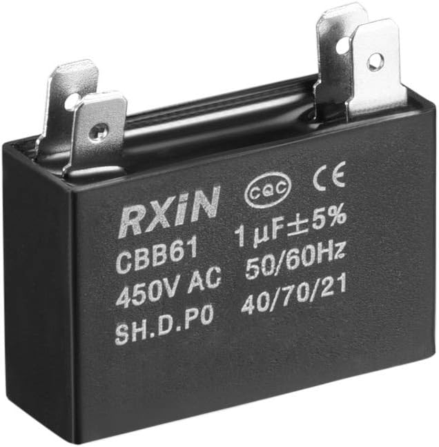 sourcing map Ceiling Fan Capacitor CBB61 1uF 450V AC Double Insert Metalized Polypropylene Film Capacitors 36.5x11x24.5mm for Water Pump Motor Generator