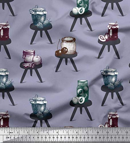 Soimoi Cotton Voile Grey Fabric - by The Yard - 42 Inch Wide - Stool & Jam Jar Fruits Print Material - Homely Vibes with Stools and The Sweetness of Jam Jars Printed Fabric