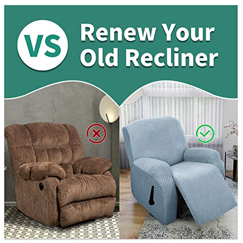 Image of YEMYHOM 4 Pieces Stretch Recliner Slipcover Jacquard Recliner Chair Cover with Side Pocket Anti-Slip Fitted Recliner Cover Couch Furniture Protector with Elastic Bottom (Recliner, Light Blue)