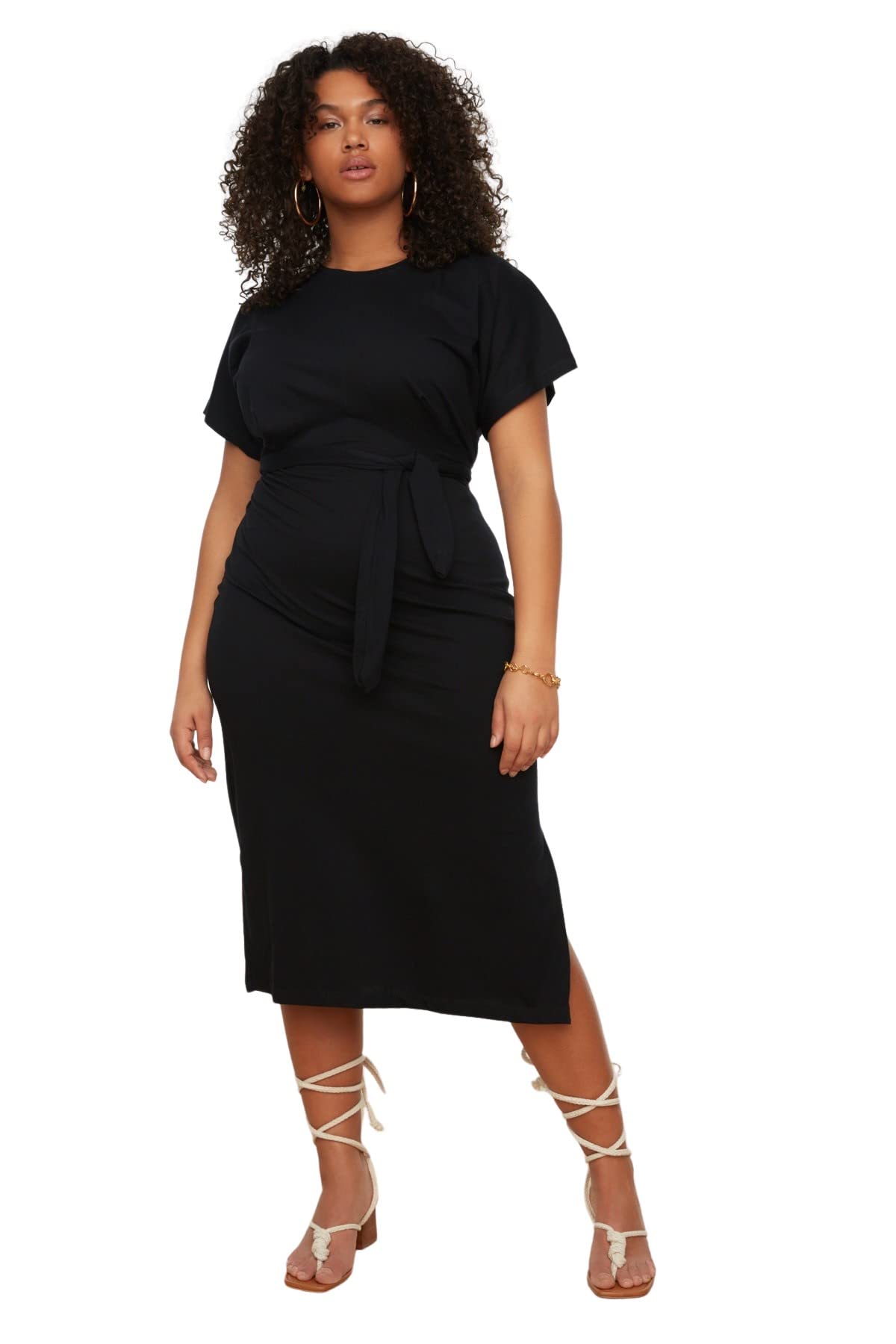 Trendyol Damen Schwarz Midi-Jersey-Kleid Für Übergröße, Schmales Strickkleid, Übergröße, X-Large Plus