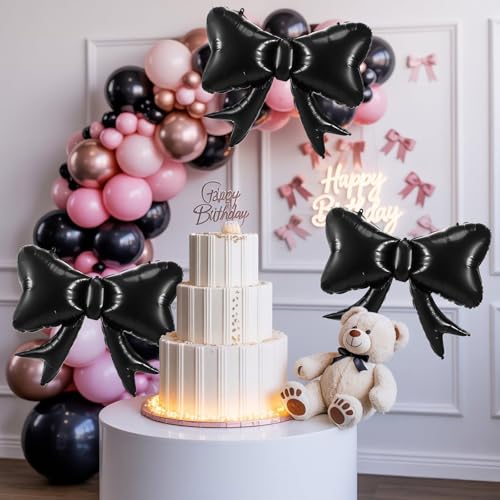 Image of 5pcs Black Bow Balloon, Black Bows Balloons, Retro Giant Bow Foil Balloon For Birthday Baby Shower Girls Women Boho Party Wedding Bridal Shower Bachelorette Engagement Graduation Decorations